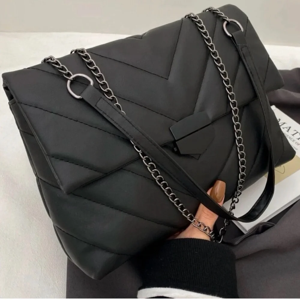 Vegan Leather Black Quilted Shoulder Bag with Chain Straps - Picture 5 of 5